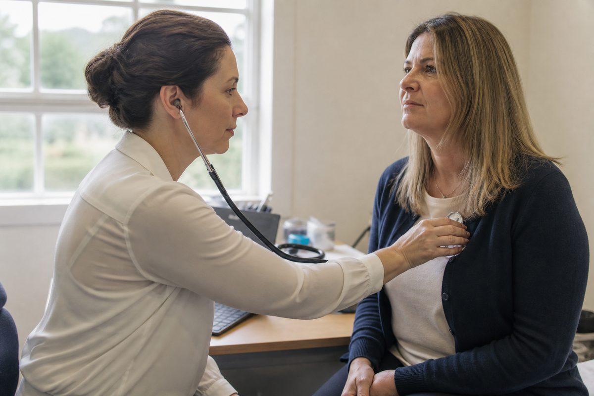 GP examining a patient with a stethoscope