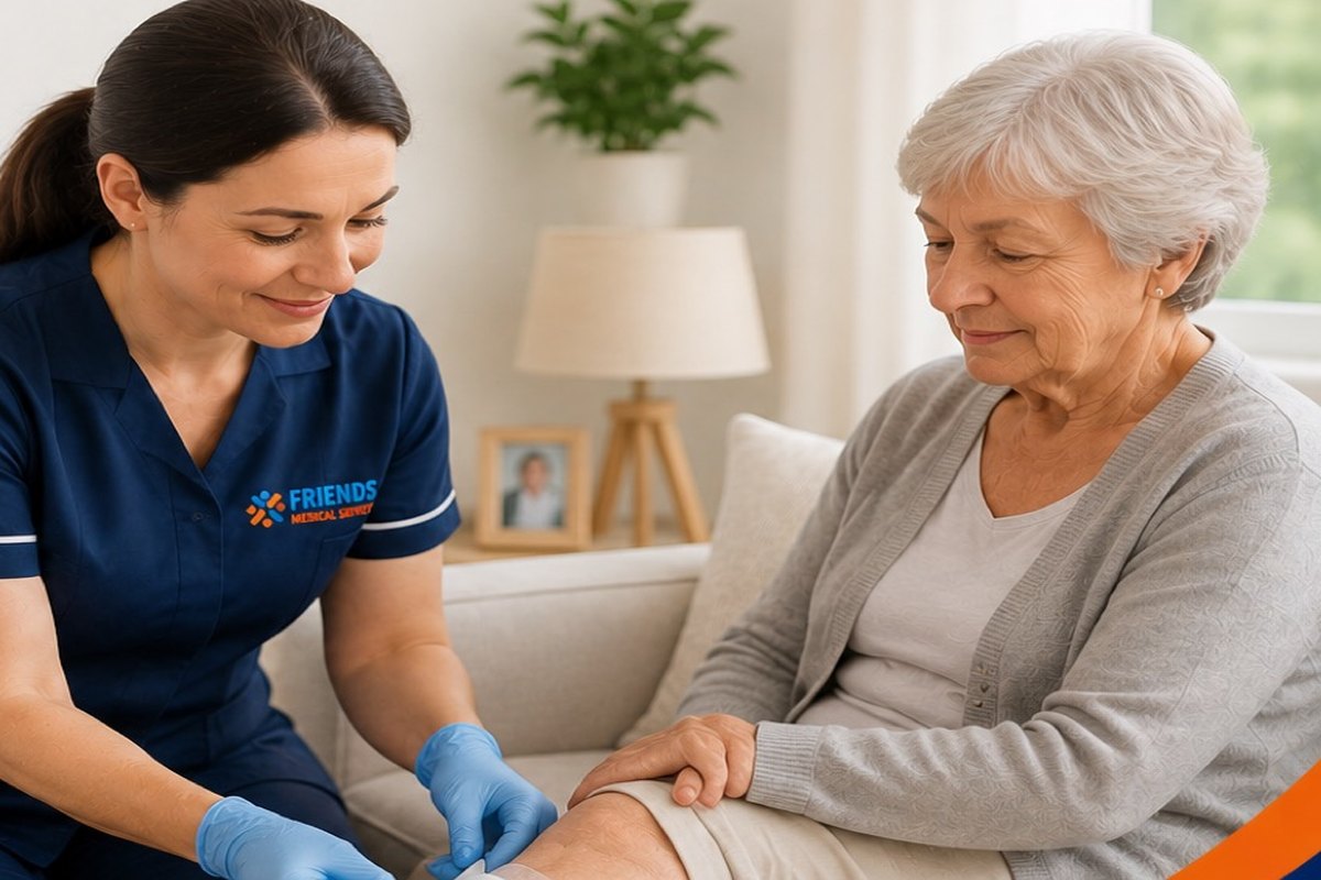 Nurse changing a wound dressing at home